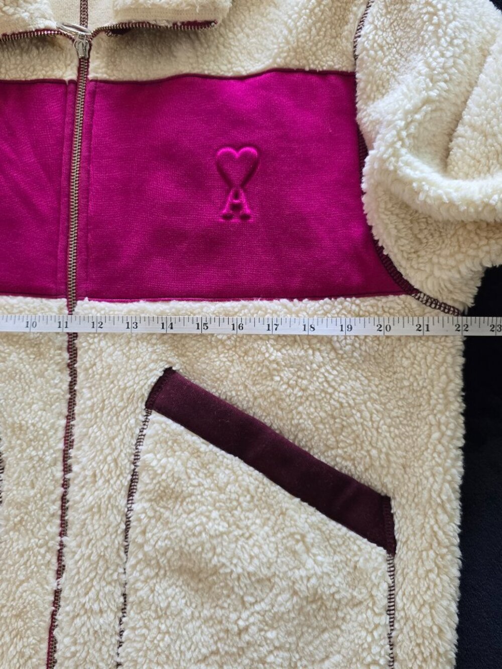 AMI Paris Ami de Cœur Faux Shearling Zipped Jacket Off White/Fuchsia Unisex - Picture 14 of 16